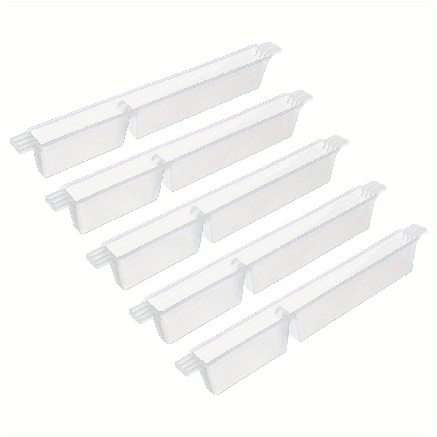 5 plastic honey bee feeder trays for feeding bees water and sugar at the hive entrance, translucent color.