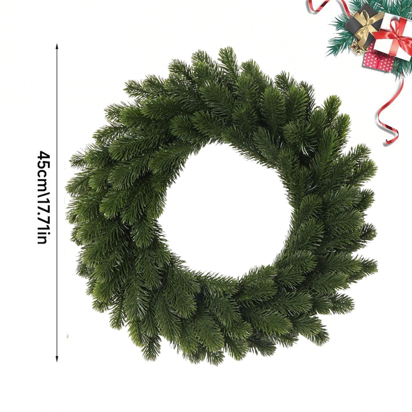 Classic green pine needle wreath ideal for Christmas decor, suitable for indoor and outdoor use.