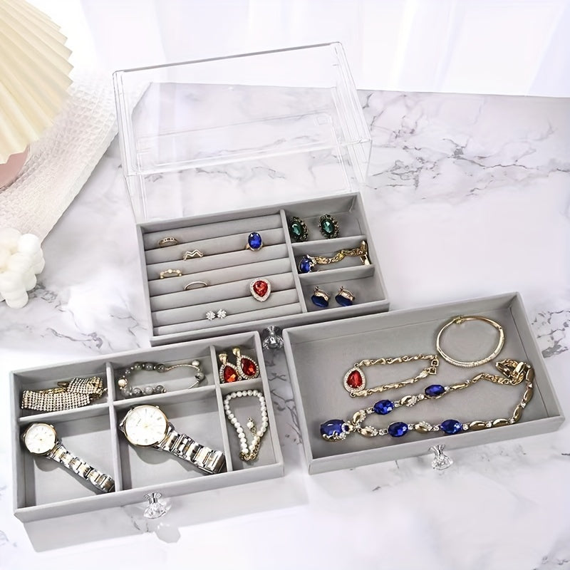 Transparent three-layer portable jewelry storage box with large capacity and dustproof drawers. Perfect for storing earrings, necklaces, and other jewelry. Ideal gift for Valentine's Day, Christmas, or any special occasion.