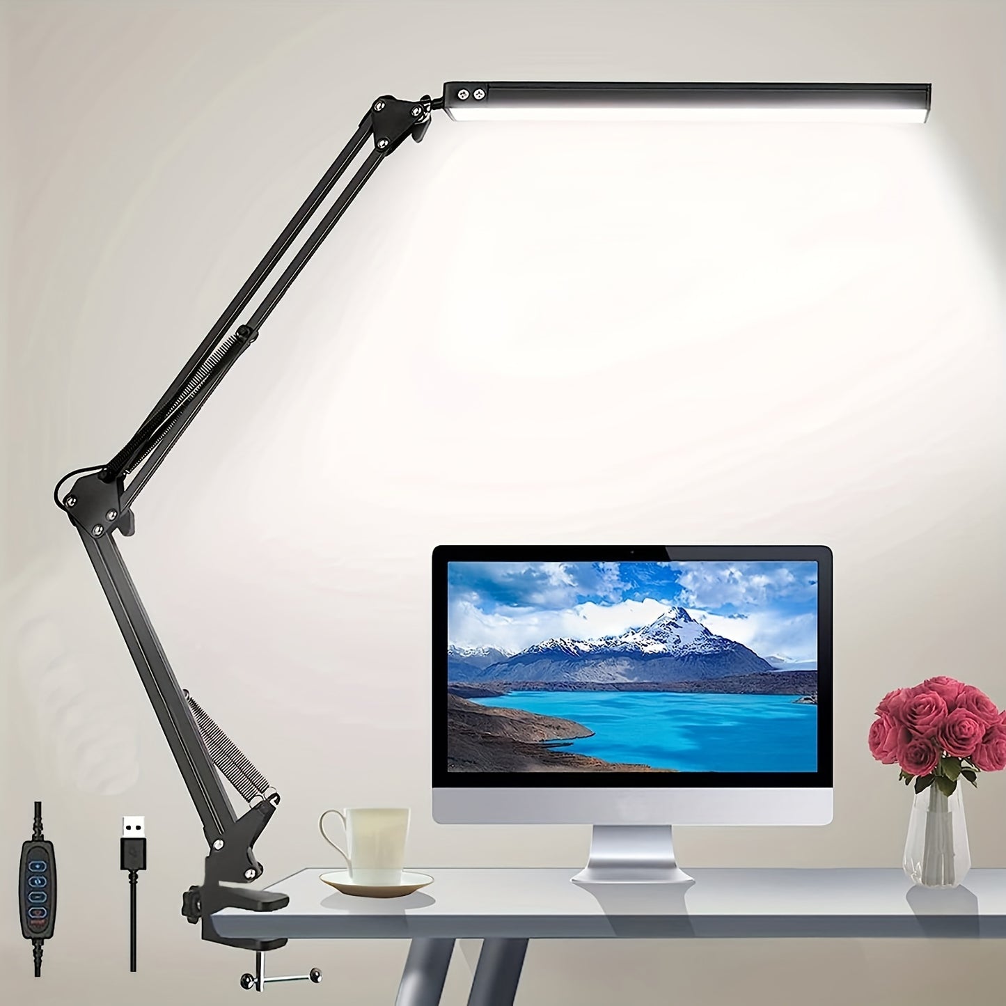 1pc LED desk lamp with 3 lighting modes, metal swing arm, clamp, 10 brightness levels, memory function, great for dorms, studios, and reading.