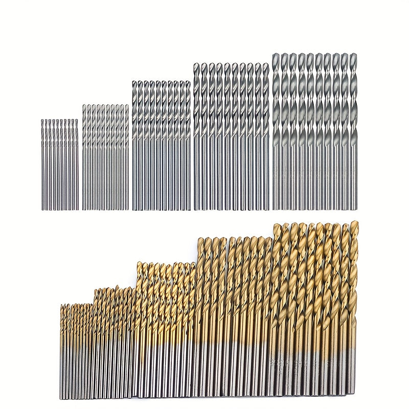 50 titanium-plated steel drill bits with round handles, ideal for electric drills, in sizes 1/1.5/2/2.5/3mm.