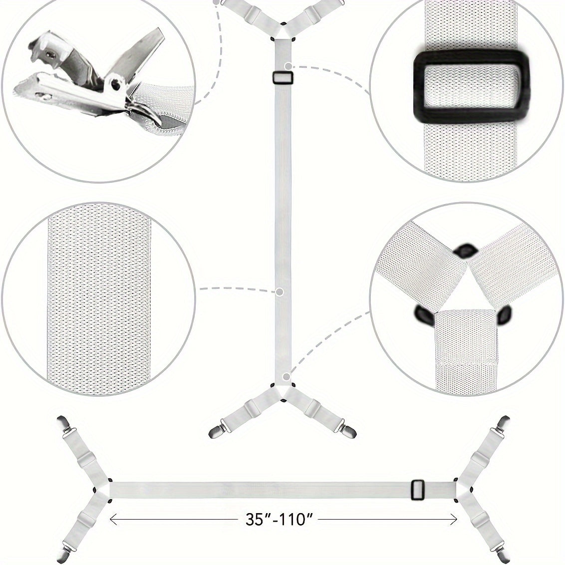 Keep your fitted bed sheets in place with these 3 set of adjustable crisscross bed sheet holder straps. The elastic bands suspenders are perfect for twin, queen, and king mattresses, ensuring your sheet stays secure. Say goodbye to loose sheets with