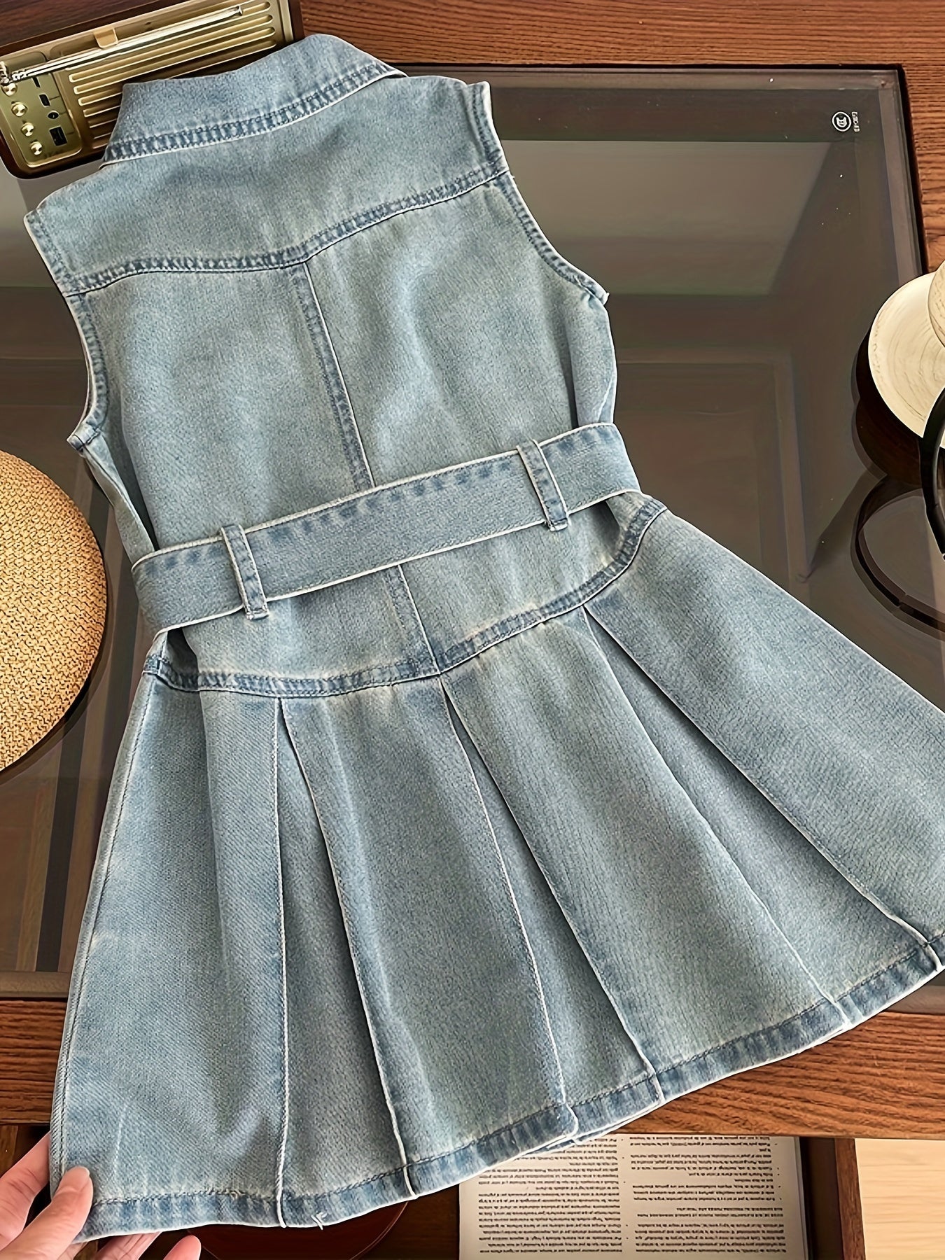 Sleeveless denim dress with waist belt for girls, summer clothing, stylish lapel