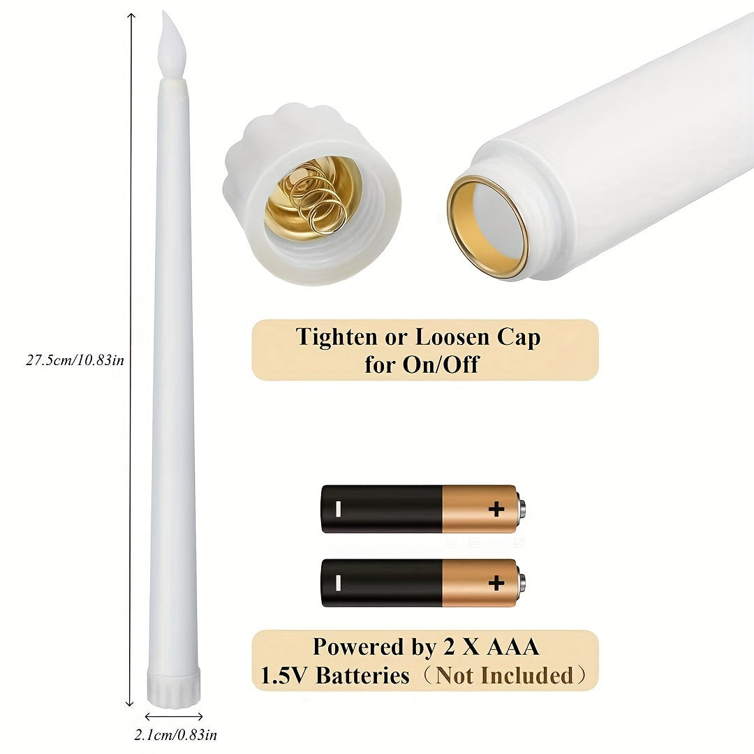 Battery operated flickering LED taper candles in a 6-pack for indoor seasonal celebrations. Plastic jars with switchable AAA battery operation (batteries not included).