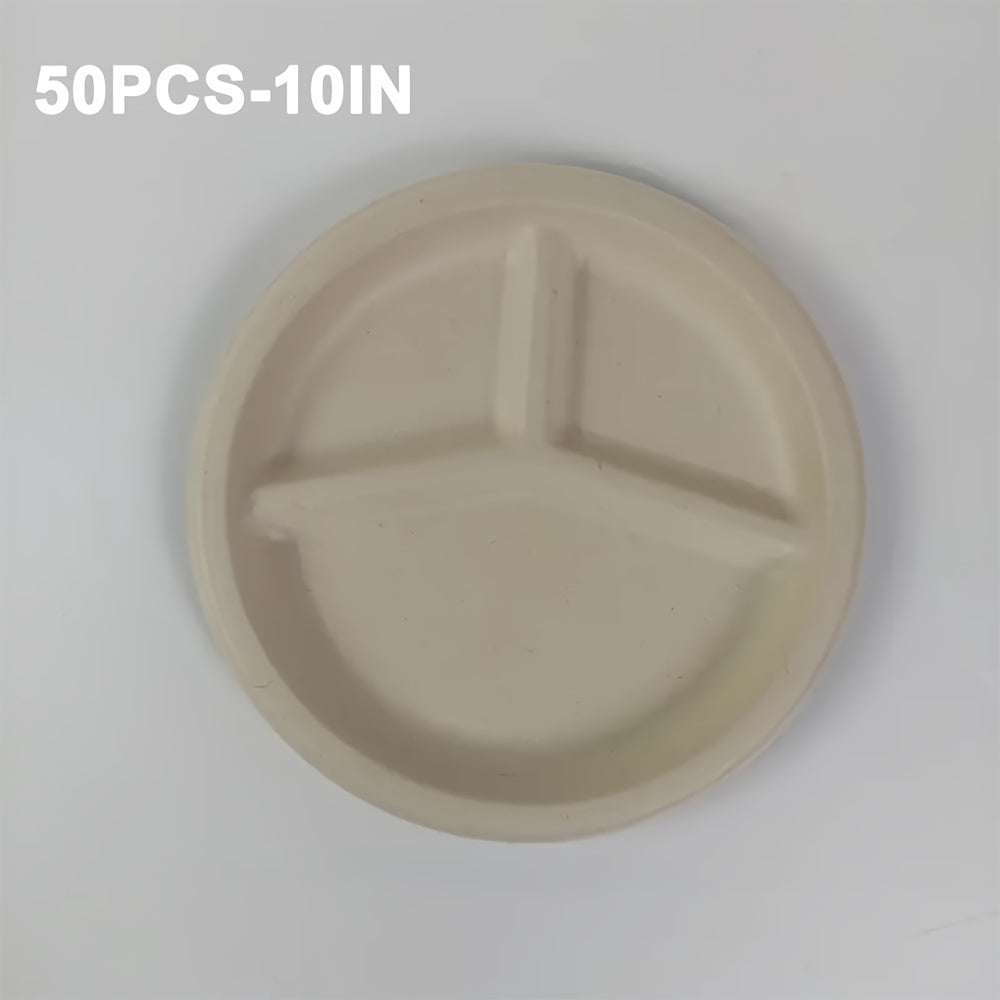 Set of 50 Biodegradable Disposable Paper Plates with 3 Compartments (9/10 inches), Ideal for BBQs, Pastries, Desserts, Parties, Picnics, Camping, and More. Perfect for Home, Restaurants, and Outdoor Events.