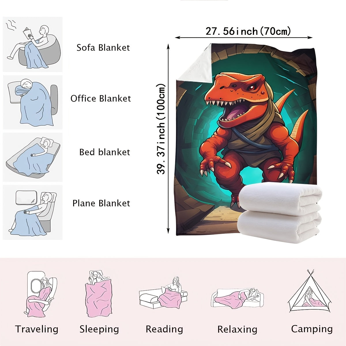 Stay cozy with the DinoDawn Cartoon Adventure Dinosaur Print Knitted Polyester Throw Blanket. This contemporary style blanket is perfect for all seasons, featuring a digital print design and soft, warm comfort. With a fabric weight of 200-250g, this