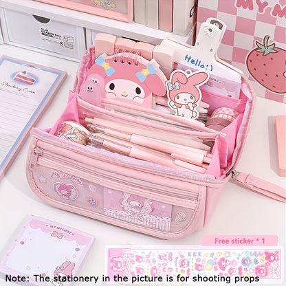 1 piece SANRIO 9-Layer Large-Capacity Multi-Functional Pen Case made of Oxford Cloth featuring Kulomi & Melody Cute Cartoon Style, ideal for organizing student stationery. Waterproof and