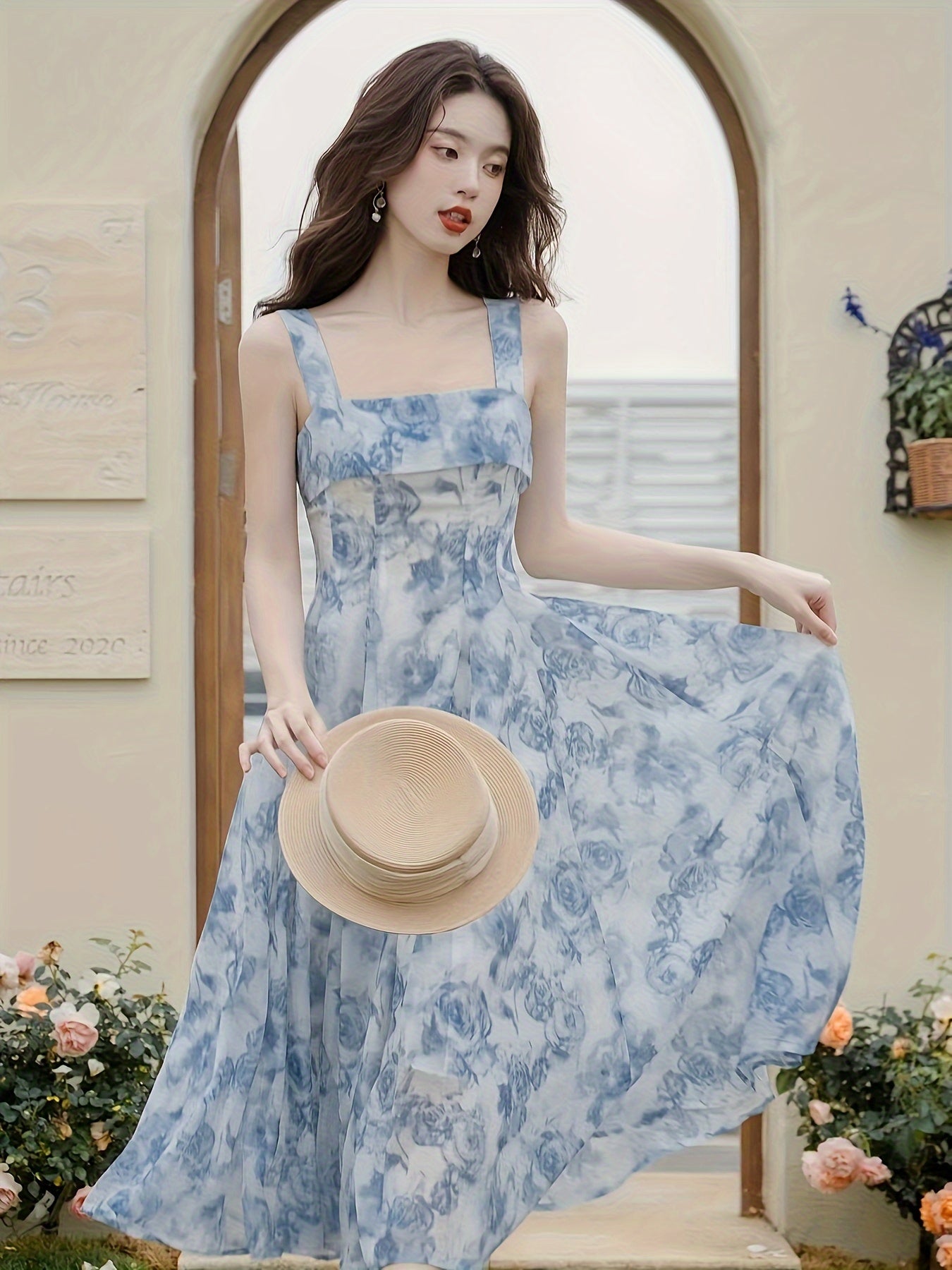 Floral print strap dress set with ribbed cardigan and A-line dress, women's clothing.