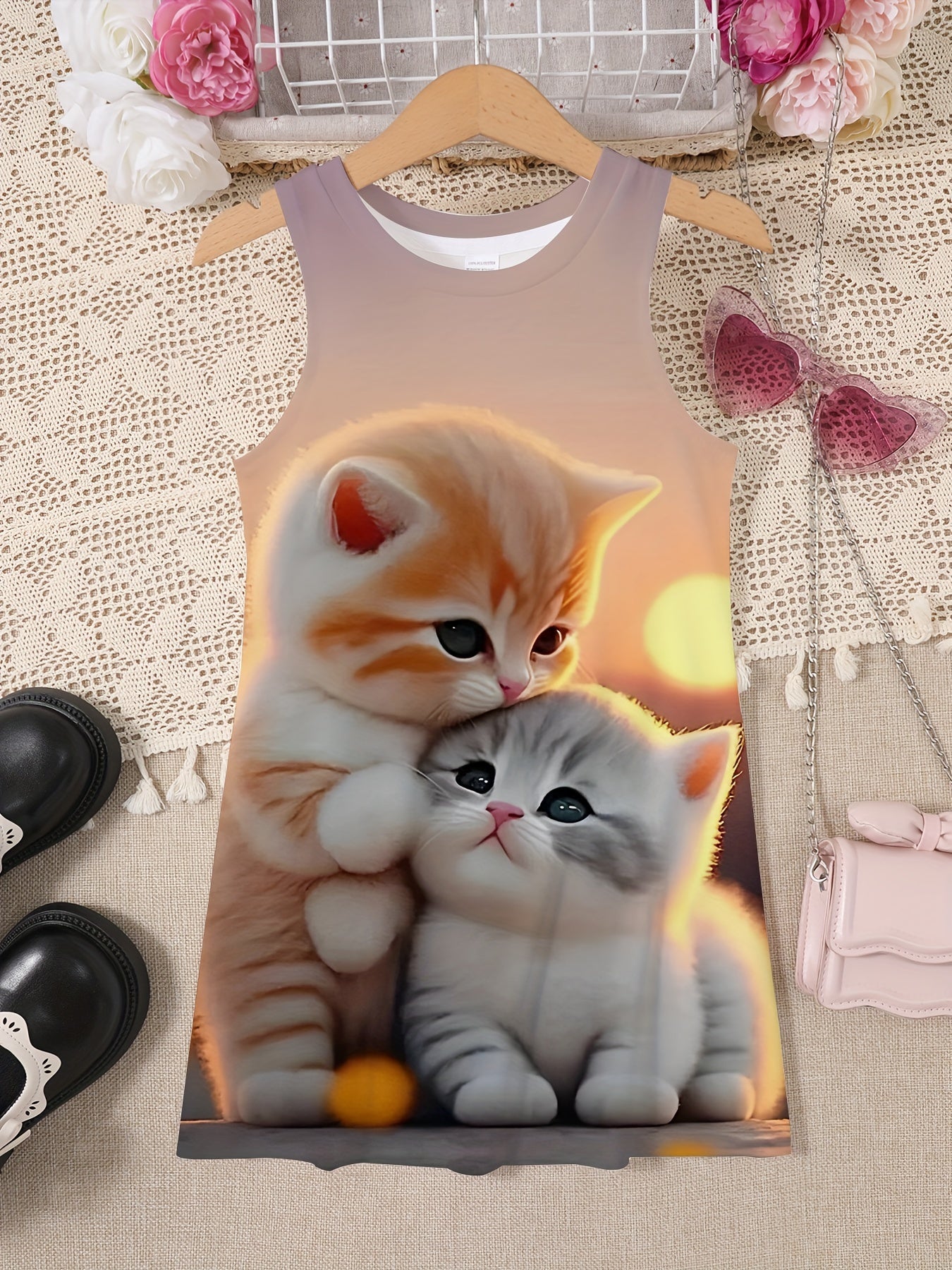 Illustrated kitten and sunset sleeveless dress for spring and summer outings.