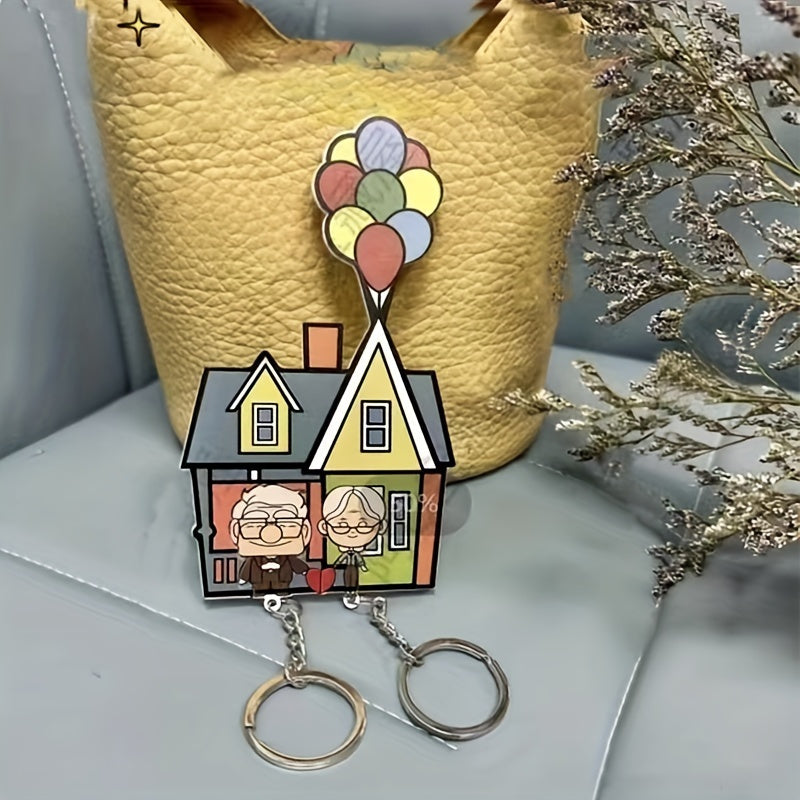 Acrylic Couple Keychain Set with Floating Balloon House Design, ideal for romantic anniversaries. Customized gift with decorative ring buckle, perfect for Valentine's Day.