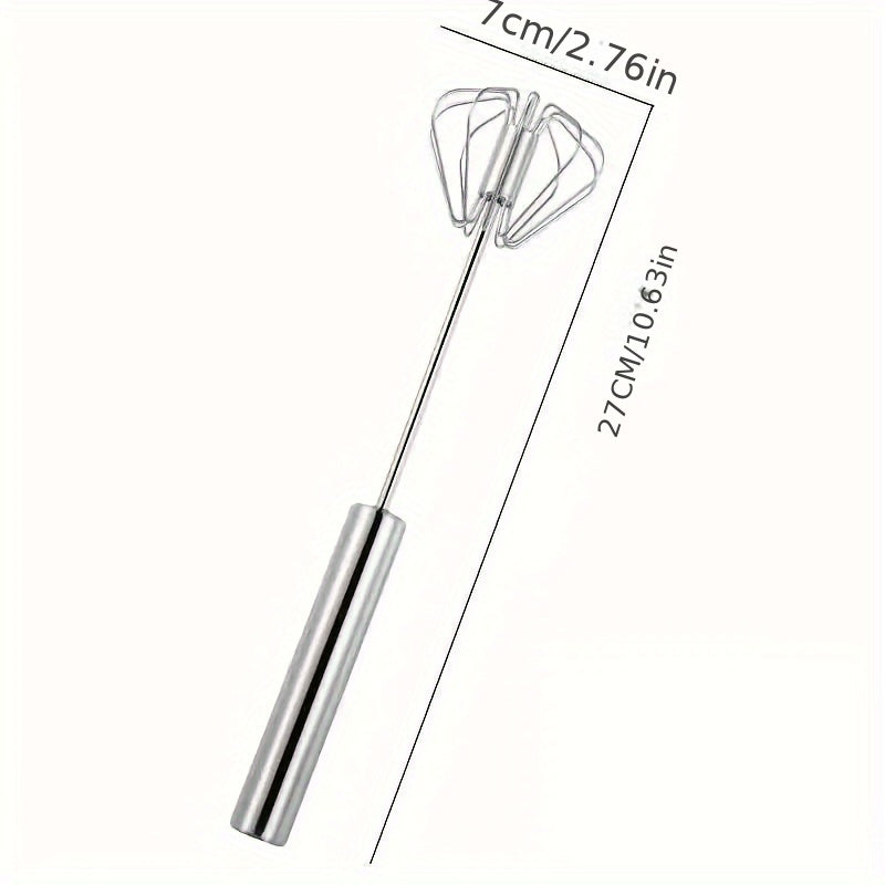 Hand-held stainless steel manual egg beater for baking and cooking, no battery needed.