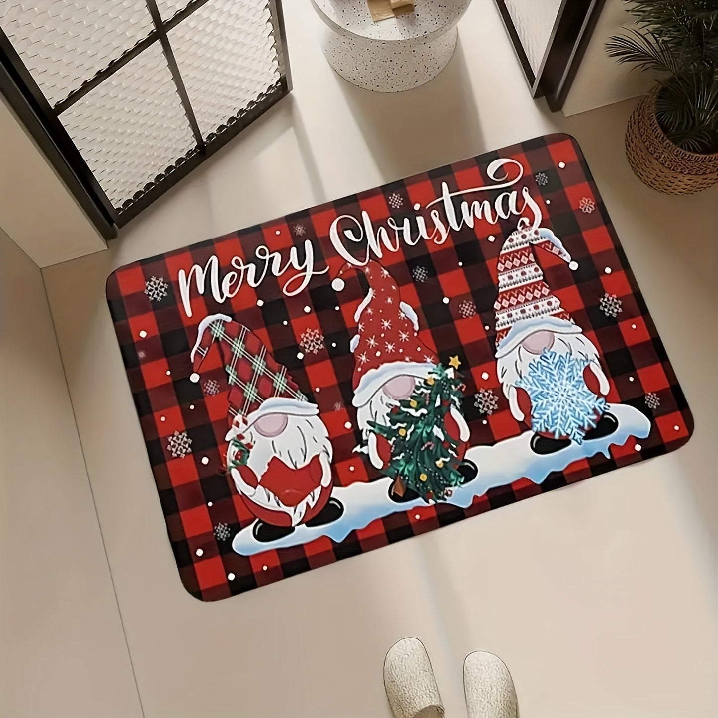 Get into the holiday spirit with our Christmas Gnome Door Mat! This festive polyester rectangular welcome rug features a non-slip backing, making it perfect for use in the kitchen, bedroom, living room, dining room, laundry room, bathroom, and entryway.