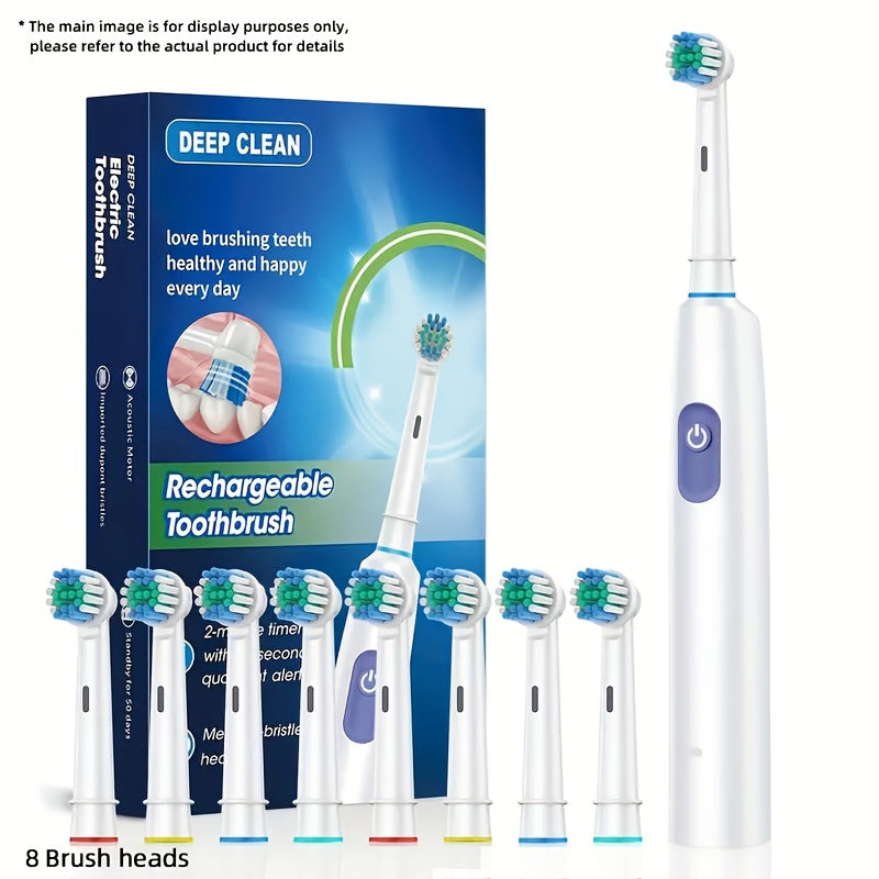 Upgrade your oral care with this adult electric toothbrush set. It includes 8 replacement heads, ultra-soft nylon bristles, and a 600mAh lithium battery with USB charging. It features a