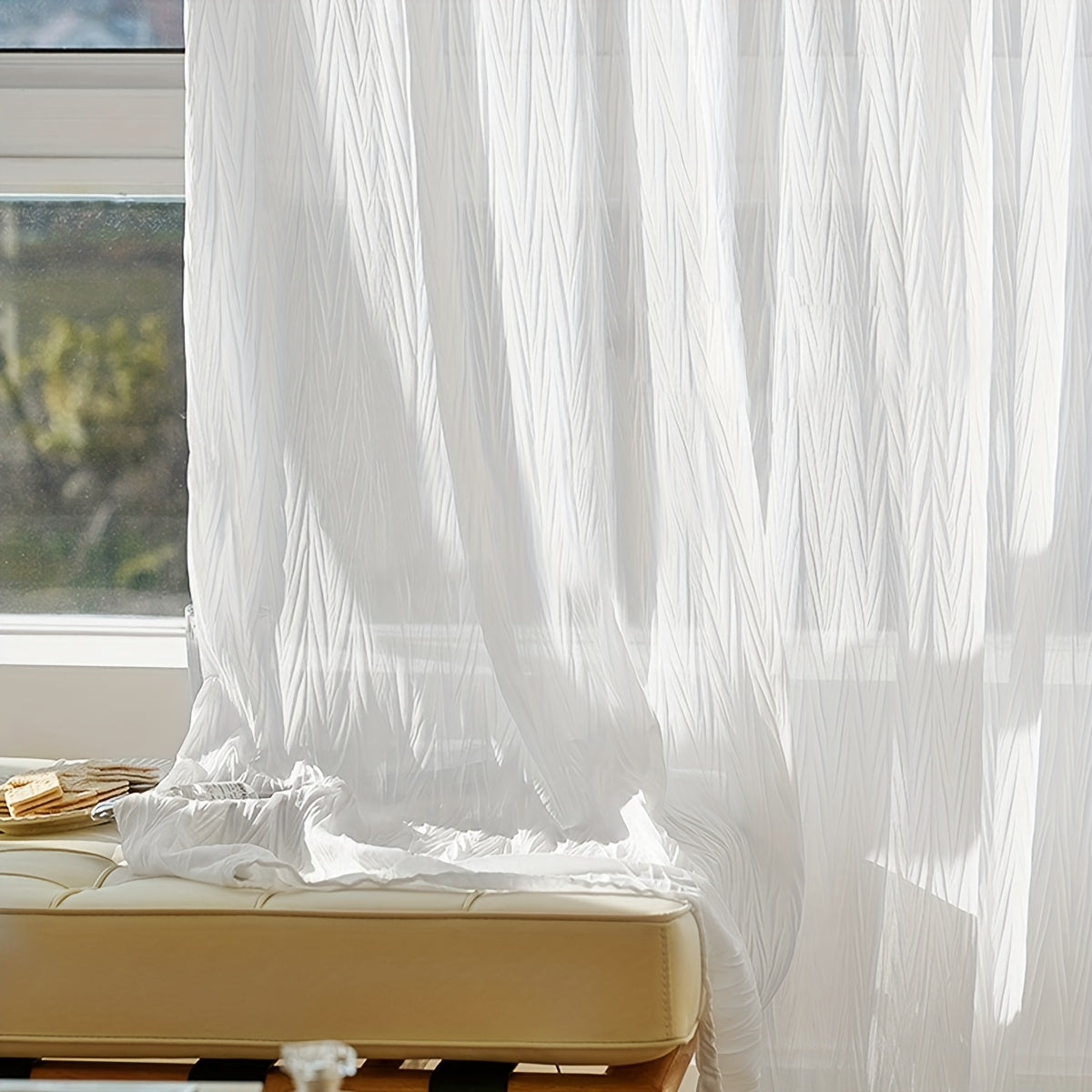 Elegant white sheer curtain with rod pocket, perfect for adding a touch of sophistication to your living room or bedroom décor.