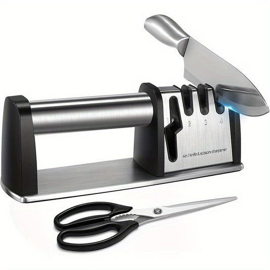 Stainless Steel Knife Sharpener with 4 Functions - Effortless Sharpening for Kitchen Knives and Scissors, Safe and Easy to Use, Ergonomic Design with Non-Slip Base