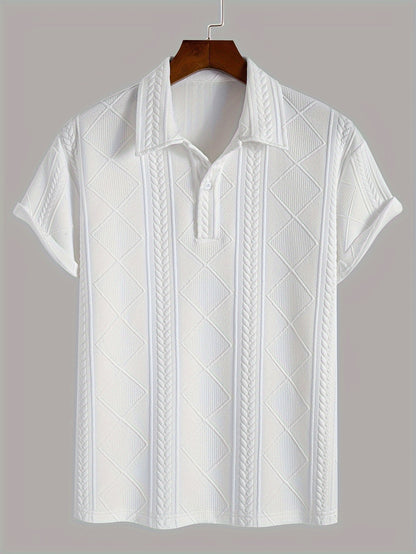 Casual and chic men's shirt with geometric pattern, lapel collar, and short sleeves, made of pure cotton knit fabric for summer wear.