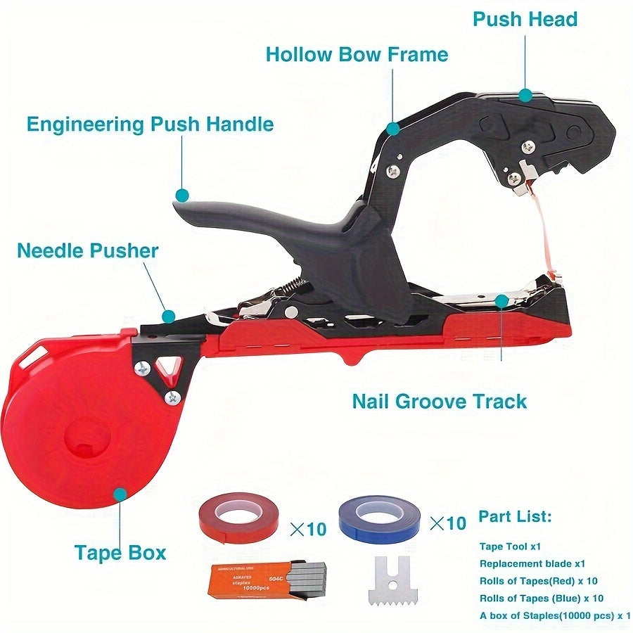 Durable lightweight gardening tool with adjustable blade for efficient plant support and automatic binding of grape and tomato vines.