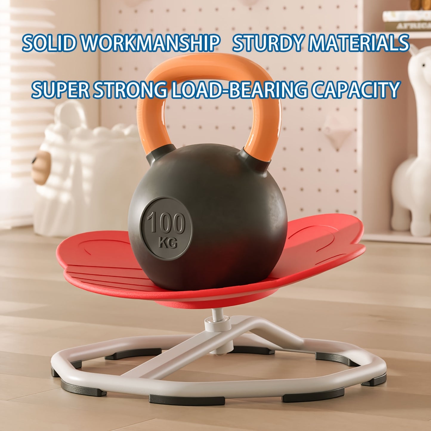 Children's red spinning chair made of durable plastic and metal, enhances coordination and focus, promotes body movement.