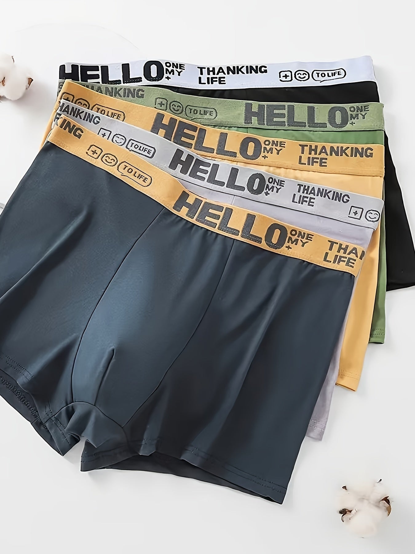 Randomly selected HELLO Men's underwear in 1, 3, or 5 pieces. Solid color square shorts, breathable and comfortable boxers.