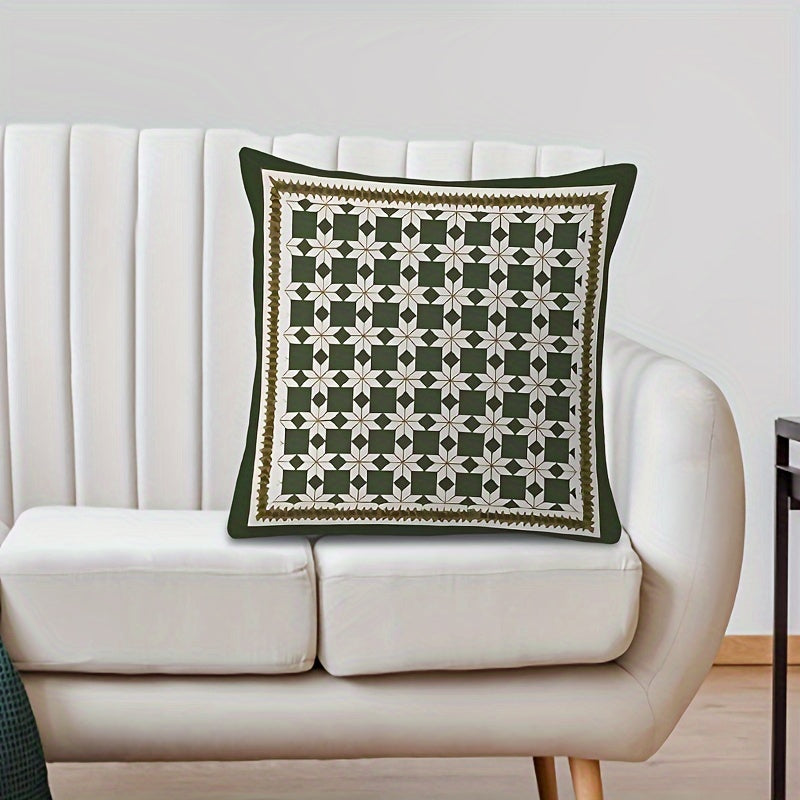 Chic geometric green throw pillow cover with charming design, 44.96x44.96cm in size. This reversible cover features a double-sided print and zipper closure for easy use. Made of machine-washable polyester, perfect for adding a touch of style to any room