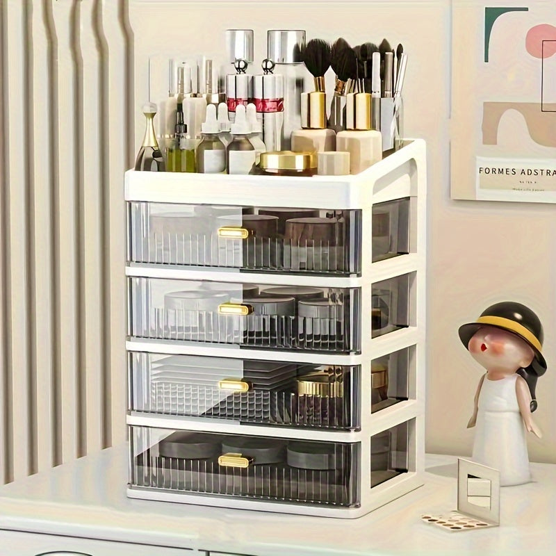 Large makeup organizer with drawer for vanity, dresser, bathroom, and countertop storing cosmetics, perfume, skincare, and toiletries.