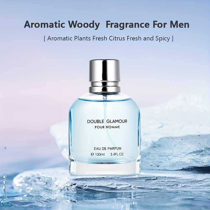 Double Glamour Men's Eau De Parfum - 3.4oz with Refreshing Woody Scent, Citrus & Spicy Notes, Suitable for Dates & Daily Wear, Formaldehyde-Free, Alcohol-Based Spray, Perfect Gift for Him