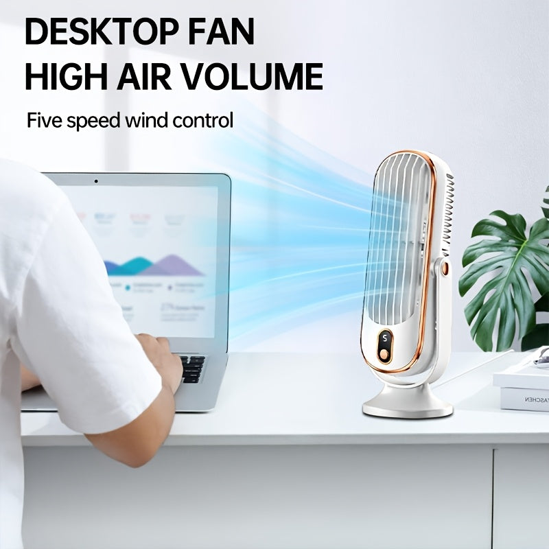 Introducing the new 5-speed portable desktop fan! This fan is perfect for home and office use, with USB charging for convenience. Keep your bedroom or office desk cool and comfortable with this quiet mini fan. The LED display and strong wind cooling make