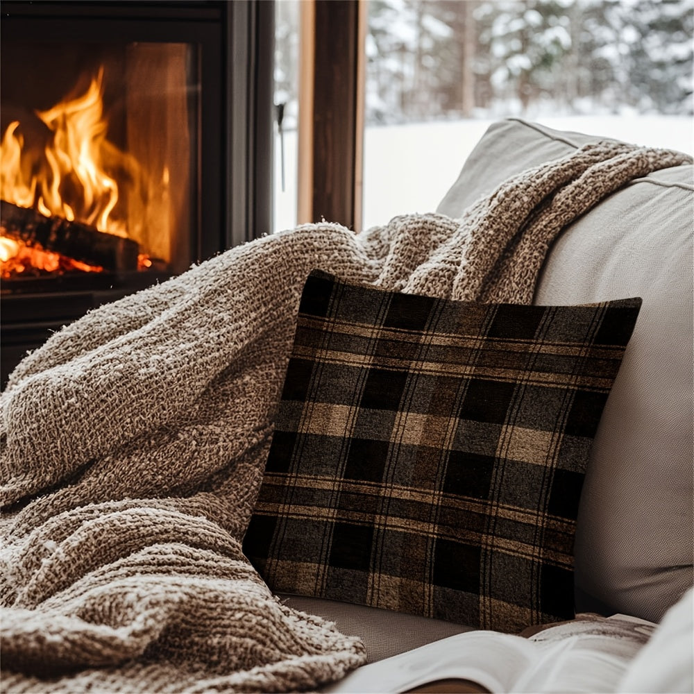 Stylish Dark Brown Plaid Pillow Cover featuring Two Designs - Convenient Hidden Zipper, Easy-to-Clean Polyester Fabric - Ideal for Adding Charm to Your Sofa, Office Chair, or Farmhouse Theme.