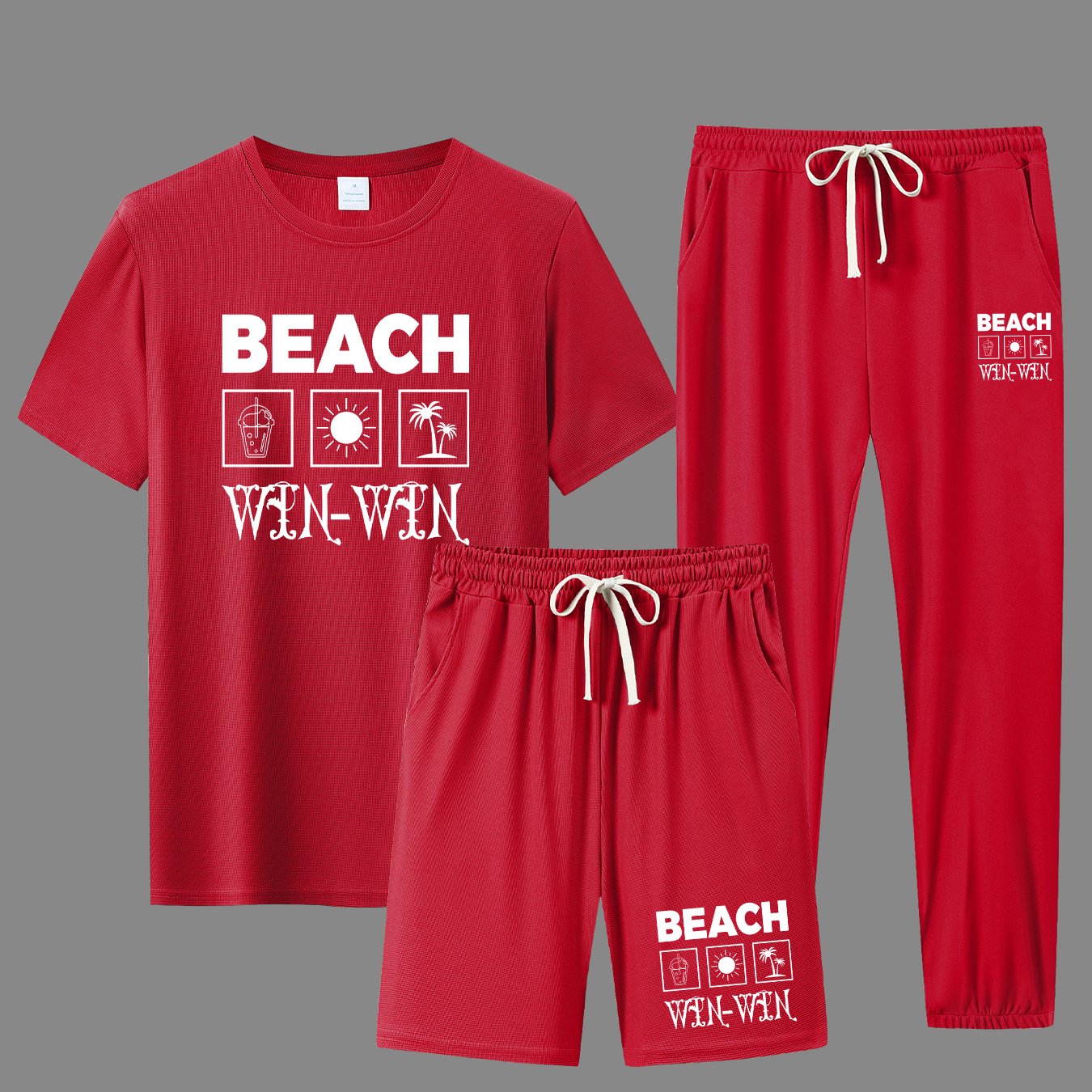 BEACH Men's 3-Piece Casual Sportswear Set includes crew neck short sleeve t-shirt, shorts and long pants. Made of 100% polyester knit fabric with slight stretch and patterned print.