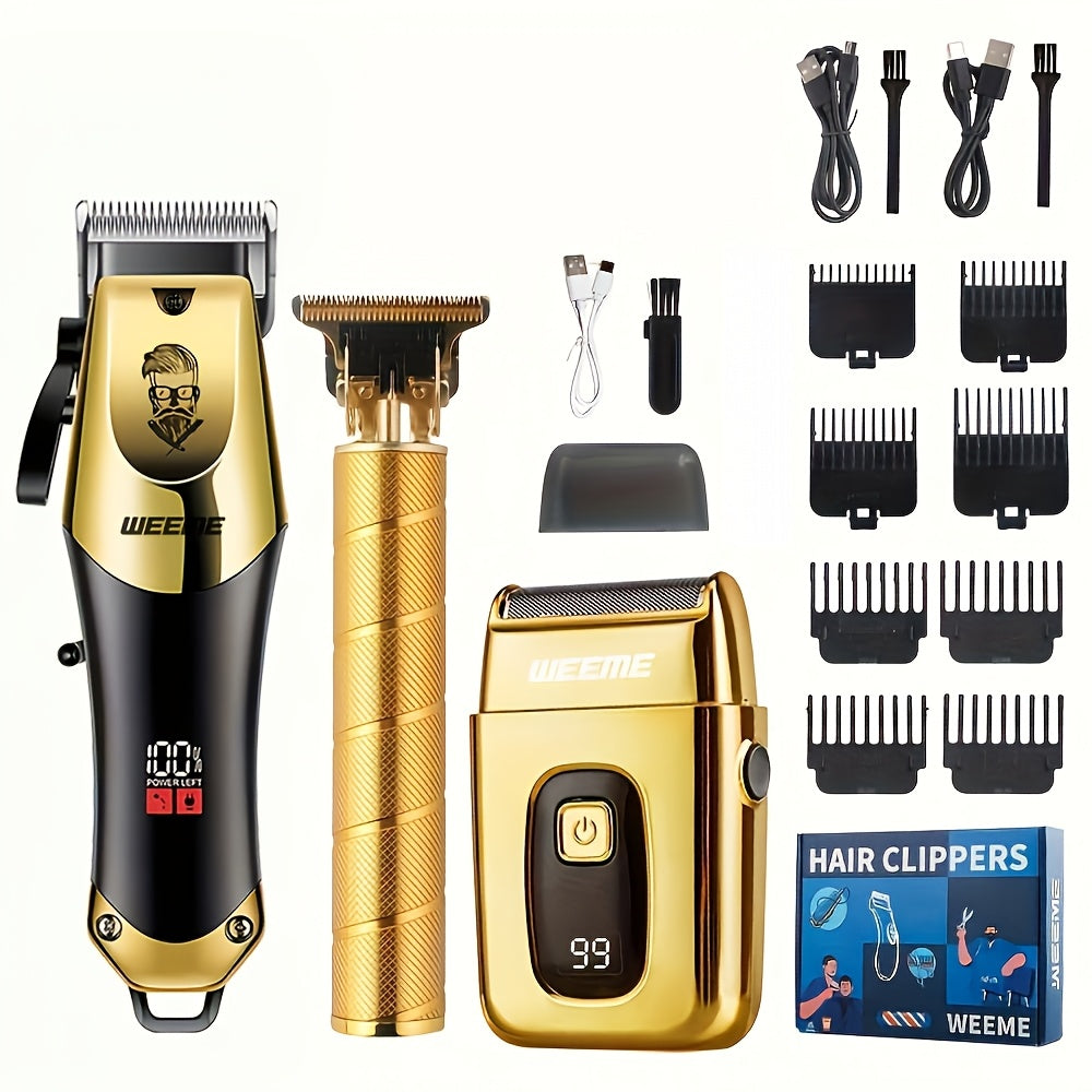 Golden hair cutting set for men includes professional clipper, razor, and trimmer. USB rechargeable with LCD display. Perfect gift for fathers, boyfriends, Father's Day, birthdays, and