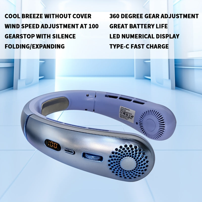 Stay cool on the go with our Portable Neck Fan! This fan comes with a 100-speed adjustable knob, USB rechargeable 1200mAh lithium battery, and a wearable design for use both indoors and outdoors. Made from durable plastic material, this fan also includes