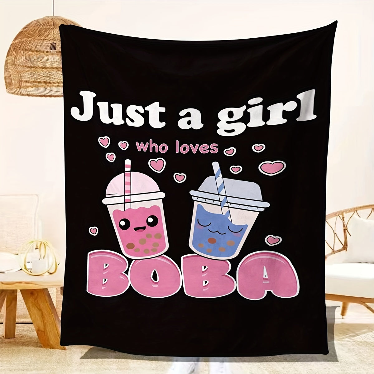 One piece of anime blankets featuring plush boba milk tea fleece, perfect for girls who adore boba. This blanket is filled with comfort, made of super soft and lightweight flannel, suitable for beds and chairs. A cute gift idea!