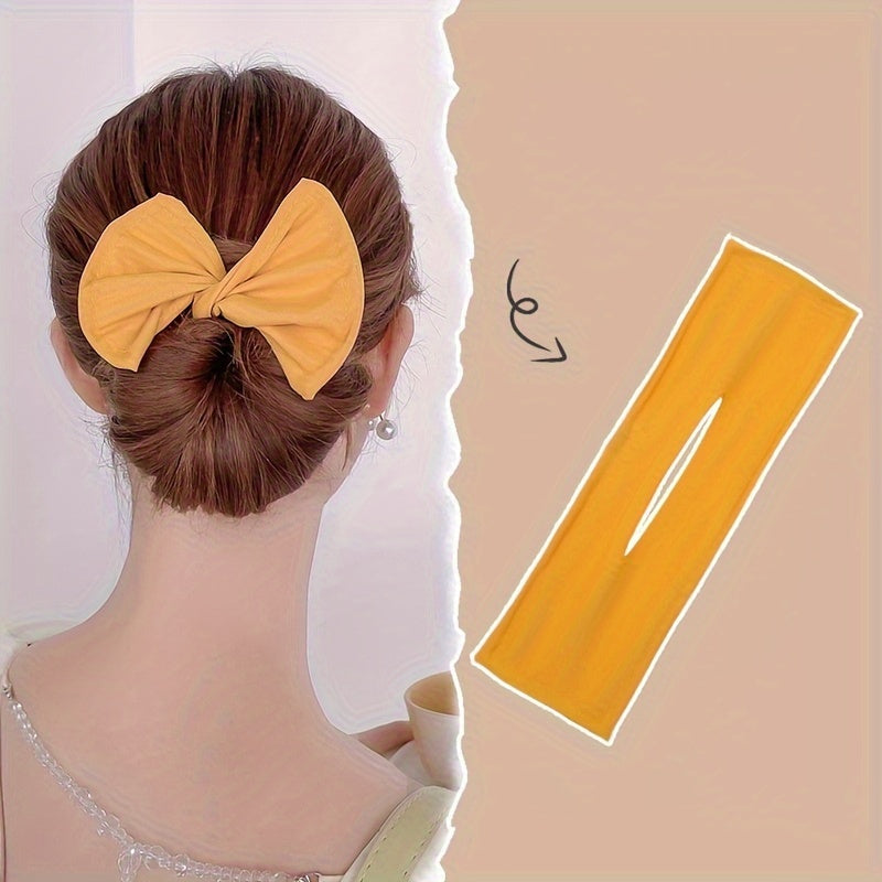 Bow shaped ponytail holder for creating lazy hair curls and buns, a fashionable women's hair accessory.