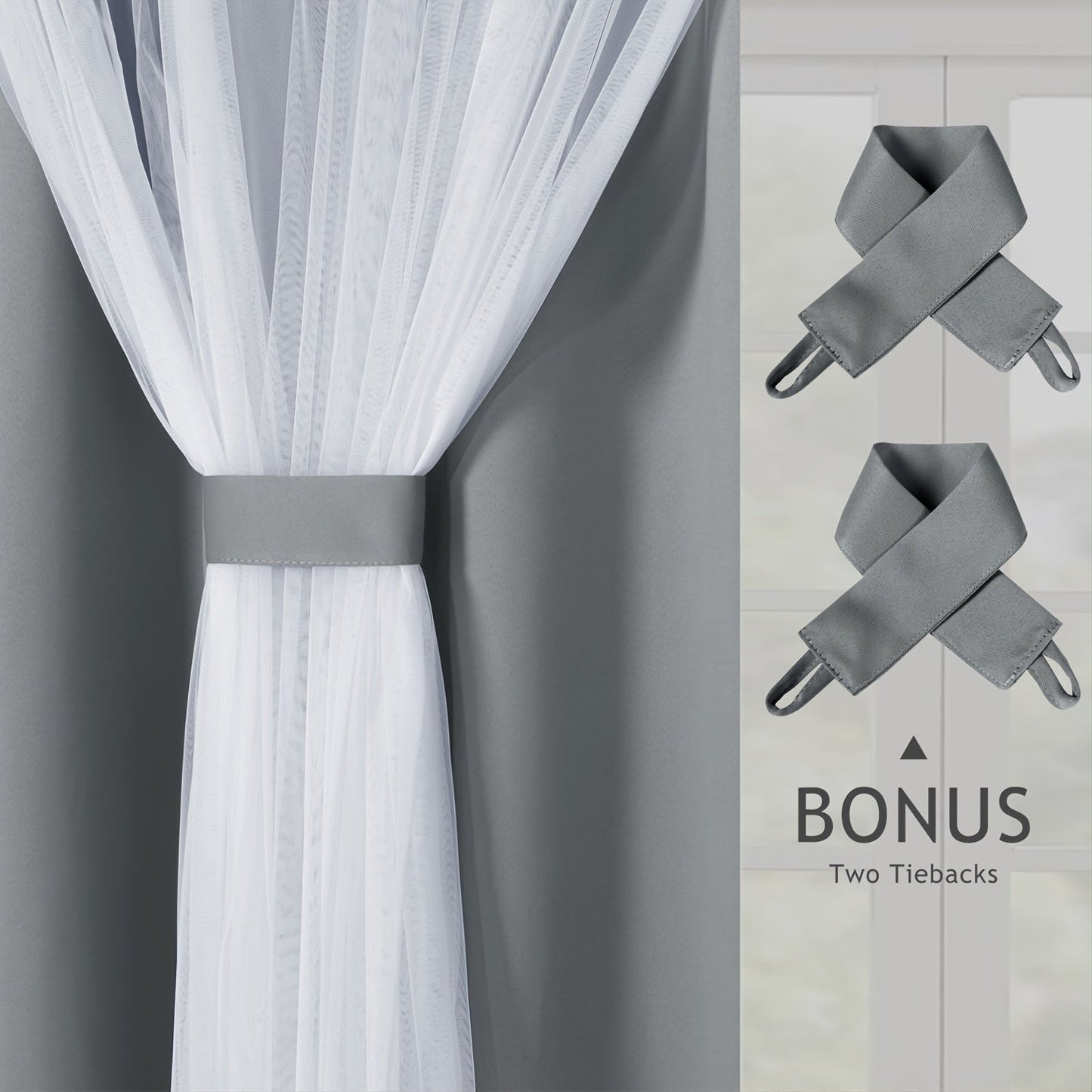 Grey bedroom blackout curtains with white sheer voile double-layered combination, featuring grommet design for easy hanging.