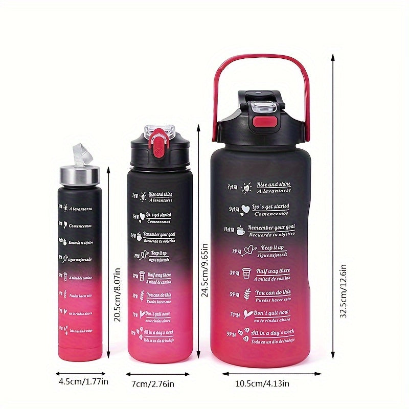 Set of three gradient sports water bottles with time markers, straws, and leak-proof design made of BPA-free PC material. Perfect for various activities and gifting occasions.