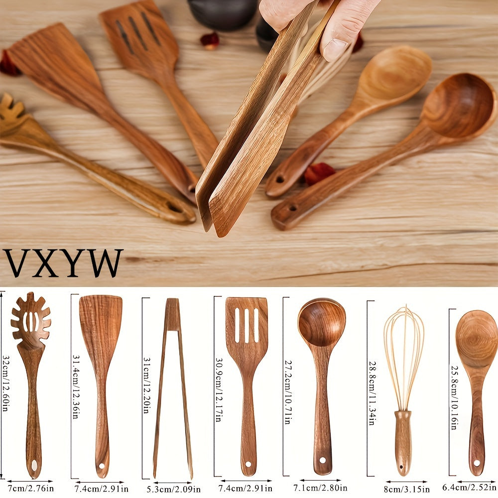 Set of 7 wooden utensils for cooking, including spoons and spatulas. This safety non-stick cookware set is an essential addition to your kitchen gadgets and accessories.