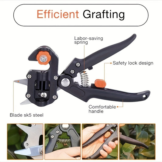 Gardening grafting tool set includes 3 cutting blades, screwdriver, small wrench, special storage bag, pruning shears, cutting knife, and grafting shears with 3 cutting types.