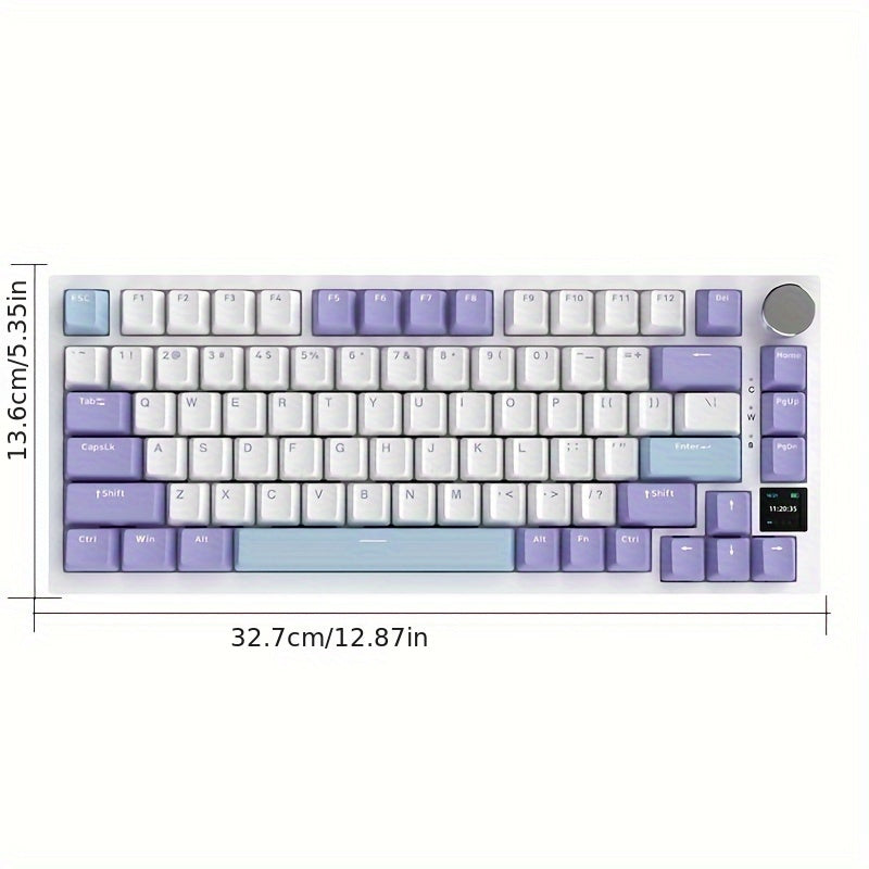 AK820PRO is a 75% mechanical keyboard with TFT display, RGB LED, wireless/2.4G/wired connectivity, knob control, and 4000mAh battery. Available in black, gray, and yellow, it is