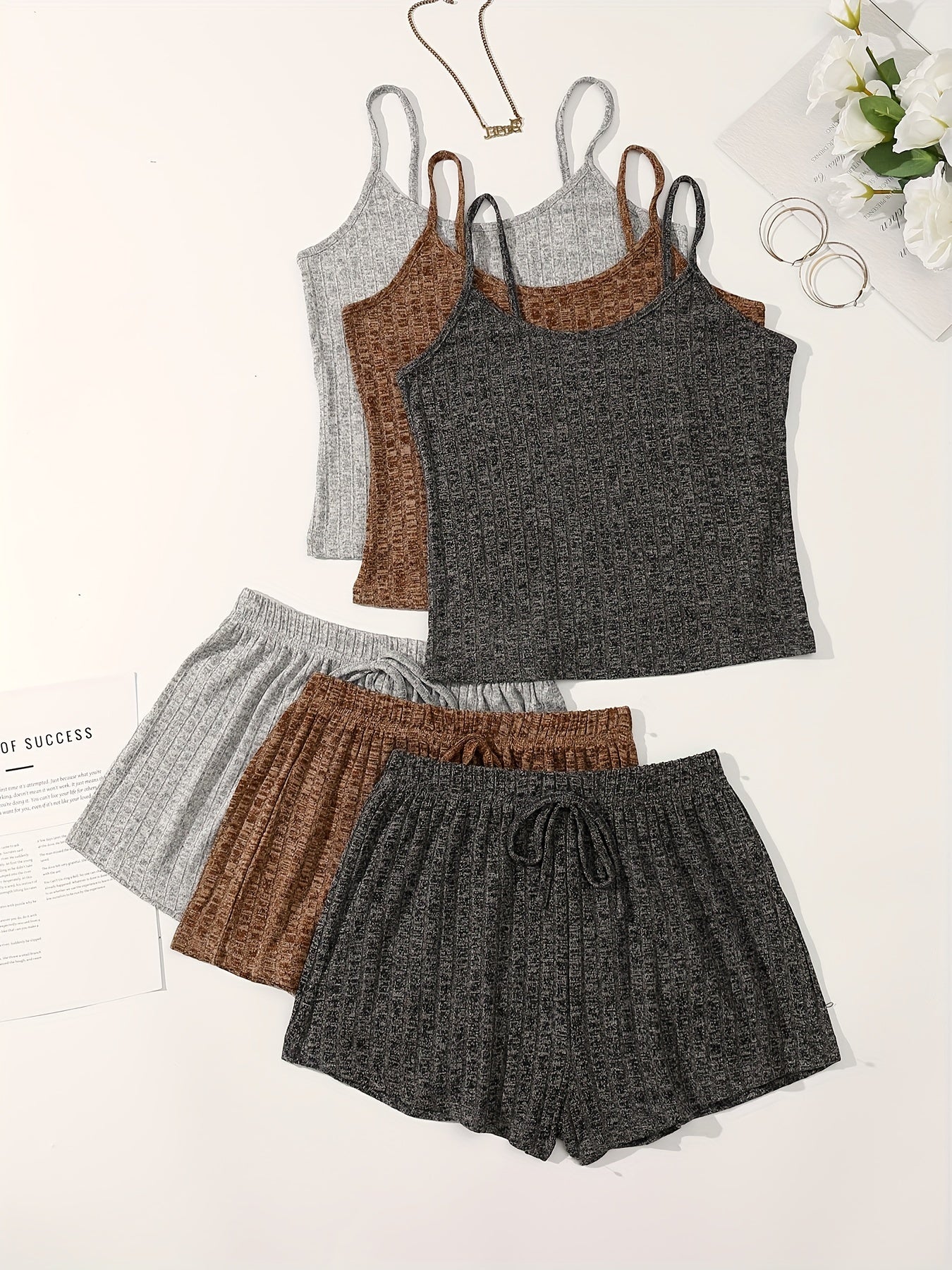 3-piece ribbed lounge set for women featuring a casual backless cami top and drawstring shorts.