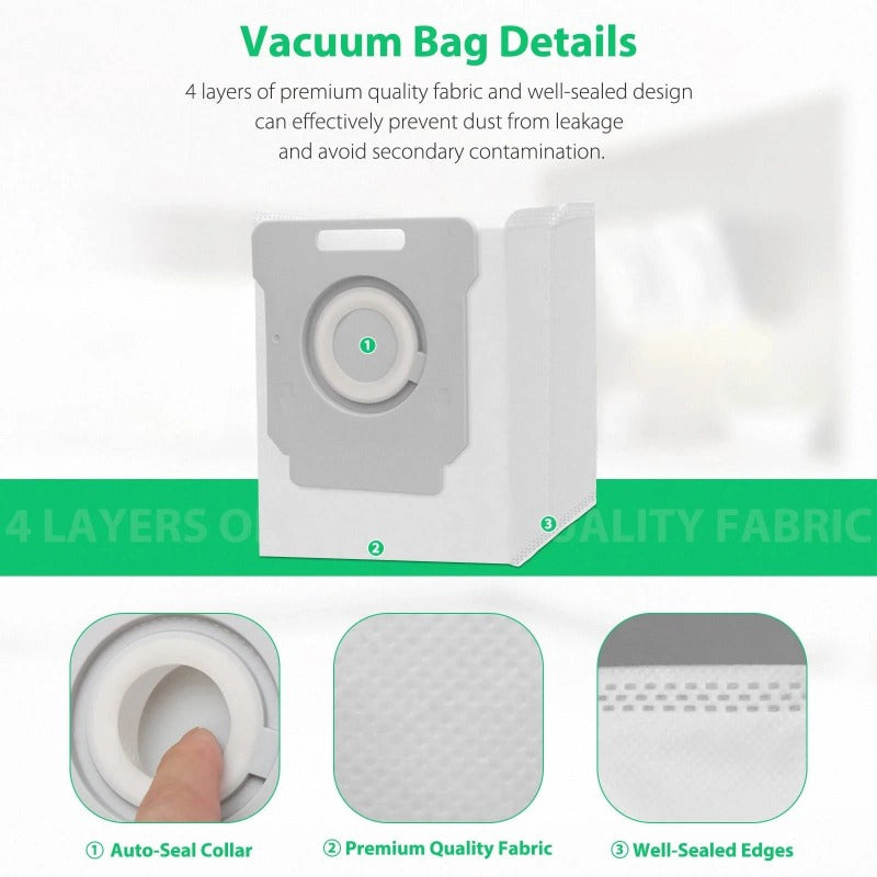 Upgrade your vacuum with this 4-Pack of premium quality cloth replacement bags that are compatible with iRobot models. Featuring an Auto-Seal Collar and well-sealed edges, these bags effectively trap pet dander, chalk dust, sawdust, and more. Includes