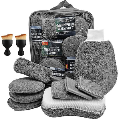 Polyester Car Wash Kit includes 11 pieces for interior and exterior care, with tire brushes, microfiber cleaning mitts, scratch removal pads, and detailing sponges.