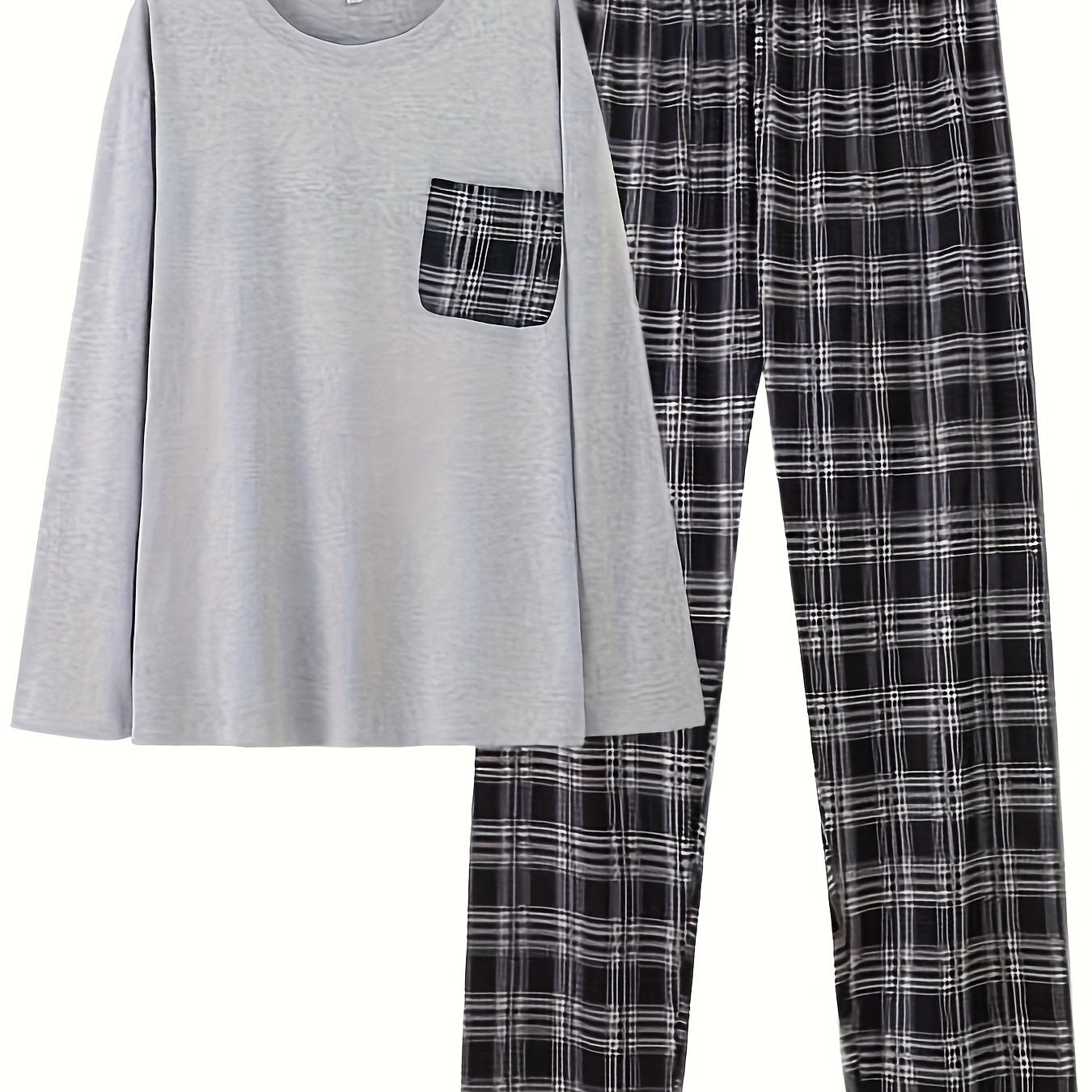 Men's casual sleepwear set with a long sleeve crew neck top and loose fit plaid pants. Made of 95% polyester and 5% spandex, features all-season knit fabric and heat transfer printed