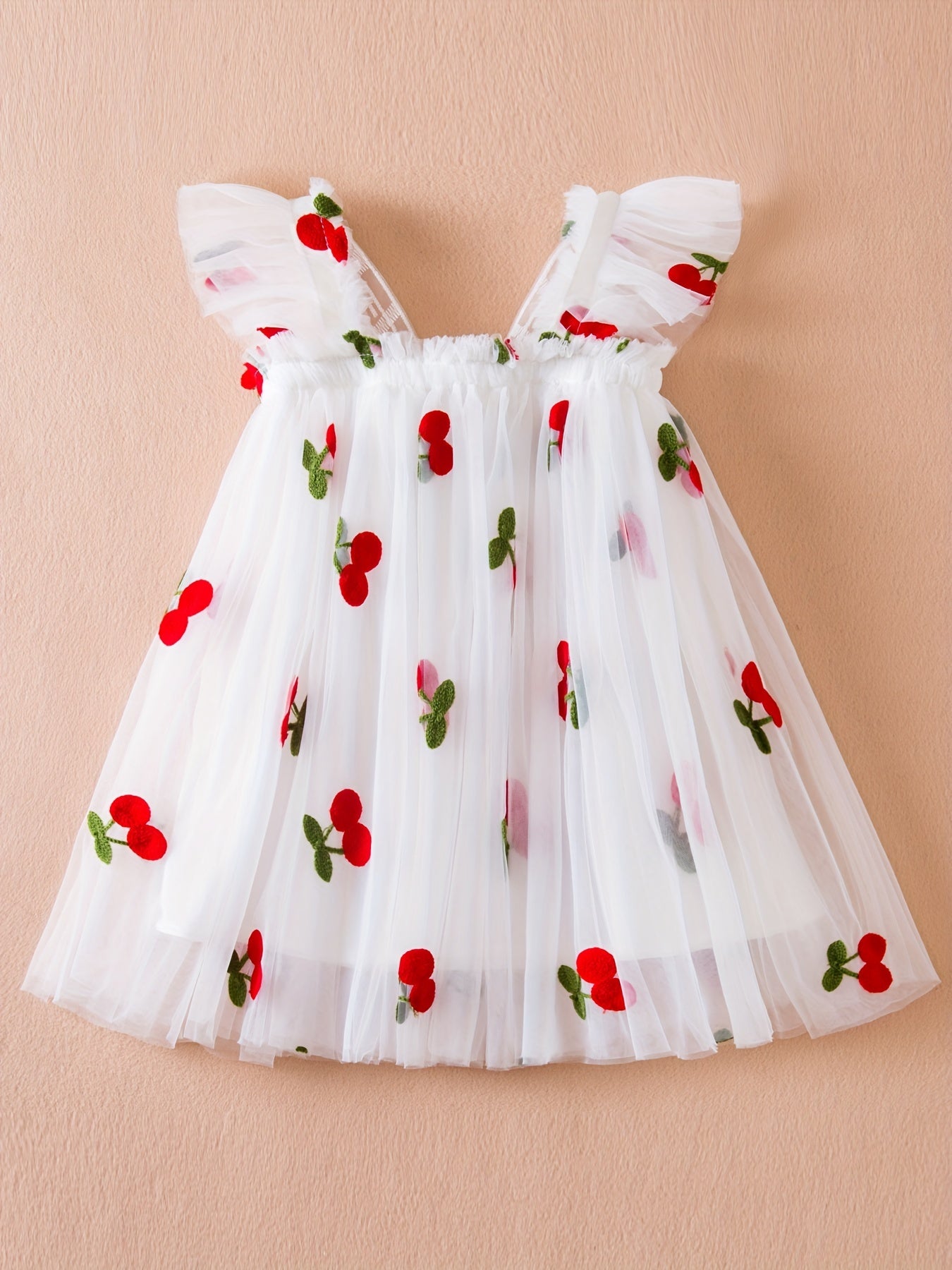 Cute girls' pink cherry embroidered summer dress with ruffled sleeves and tulle skirt - perfect for parties and beach outings. Made of lightweight polyester for a casual straight-cut fit.