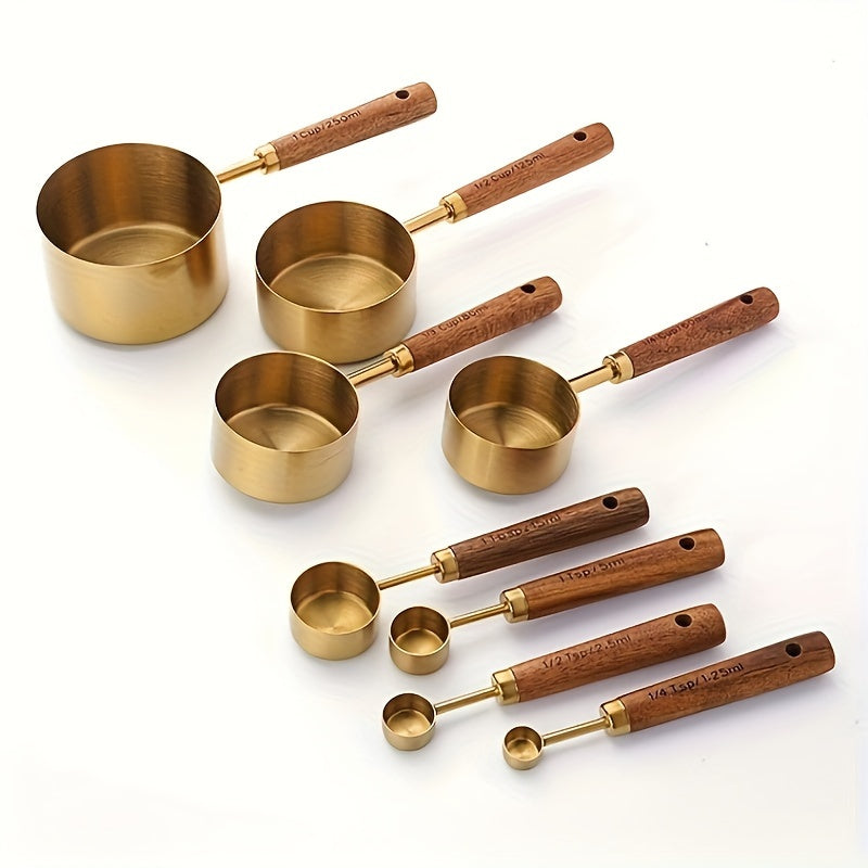 Set of 4 or 8 Stainless Steel Measuring Cups and Spoons with Wooden Handles - Ideal for Measuring Dry and Liquid Ingredients, Seasoning, Coffee, and Baking Essentials