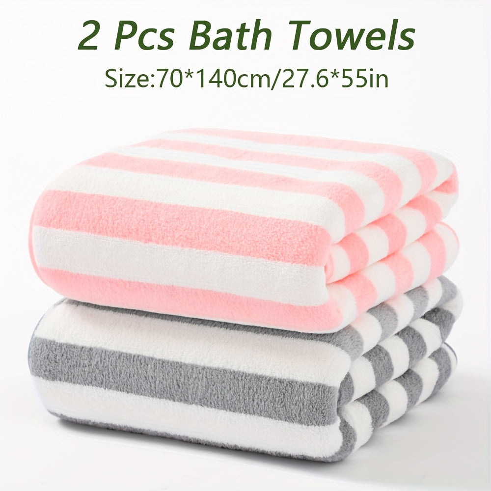 2 high-quality microfiber bath towels with stripe pattern. Absorbent, quick-drying, and soft towels available in multiple colors for use in the bathroom, gym, or shower.