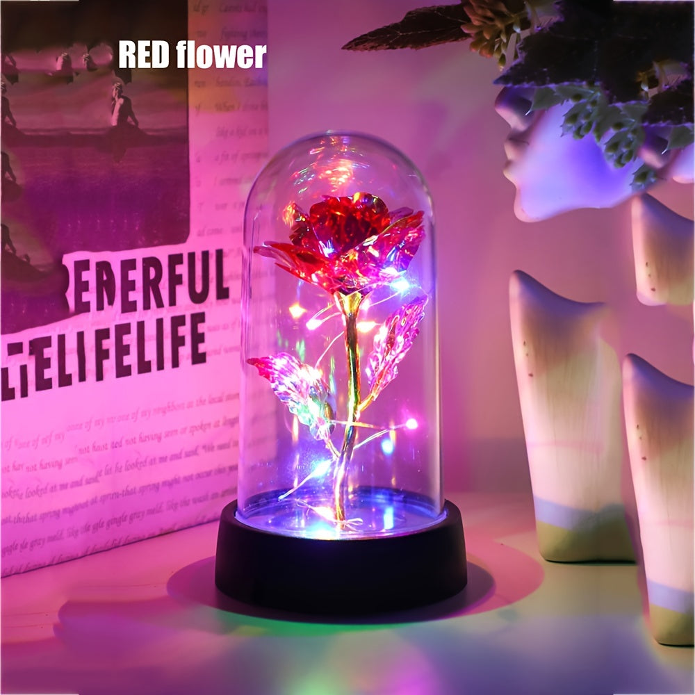 LED-lit Golden Foil Rose in Glass Dome - Battery-Powered Night Light with Pink or Yellow Flowers, great for gifting on special occasions like Valentine's Day, Mother's Day, weddings, and anniversaries. Ideal present for sisters, friends, and lovers.