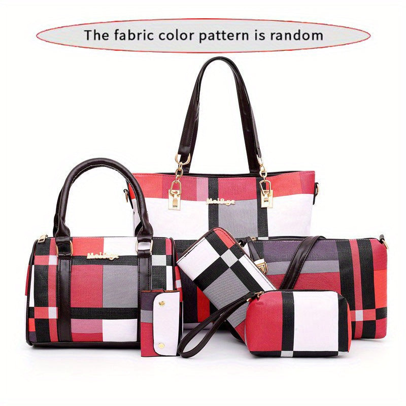 6-piece set of checkered pattern shoulder bags including a handbag, crossbody bag, clutch bag, long wallet, and short wallet.