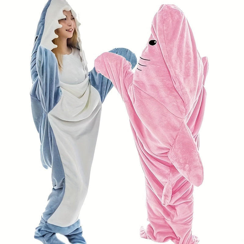 Thickened and warm 1pc Shark Loungewear Pajamas that transform into a multifunctional blanket, perfect for wearing at home or as a cozy sleeping bag with a fun cartoon shark design.