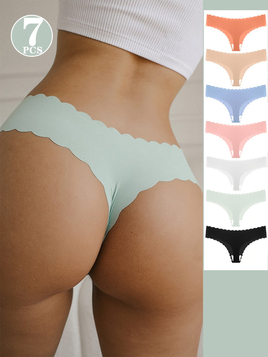 7-pack Women's Low-Rise Thongs in Nylon & Elastane Blend, Quick-Dry Sports Panties in Solid Colors with Scalloped Detail. Seamless, Comfortable Fit in Mixed Colors: Light Aqua Green, Peach