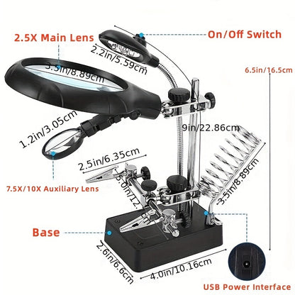 LED lighted magnifying station with 2.5X, 7.5X, and 10X magnification, perfect for soldering and crafting. Includes clamp and alligator clips for easy use on desktop. Ideal for jewelry